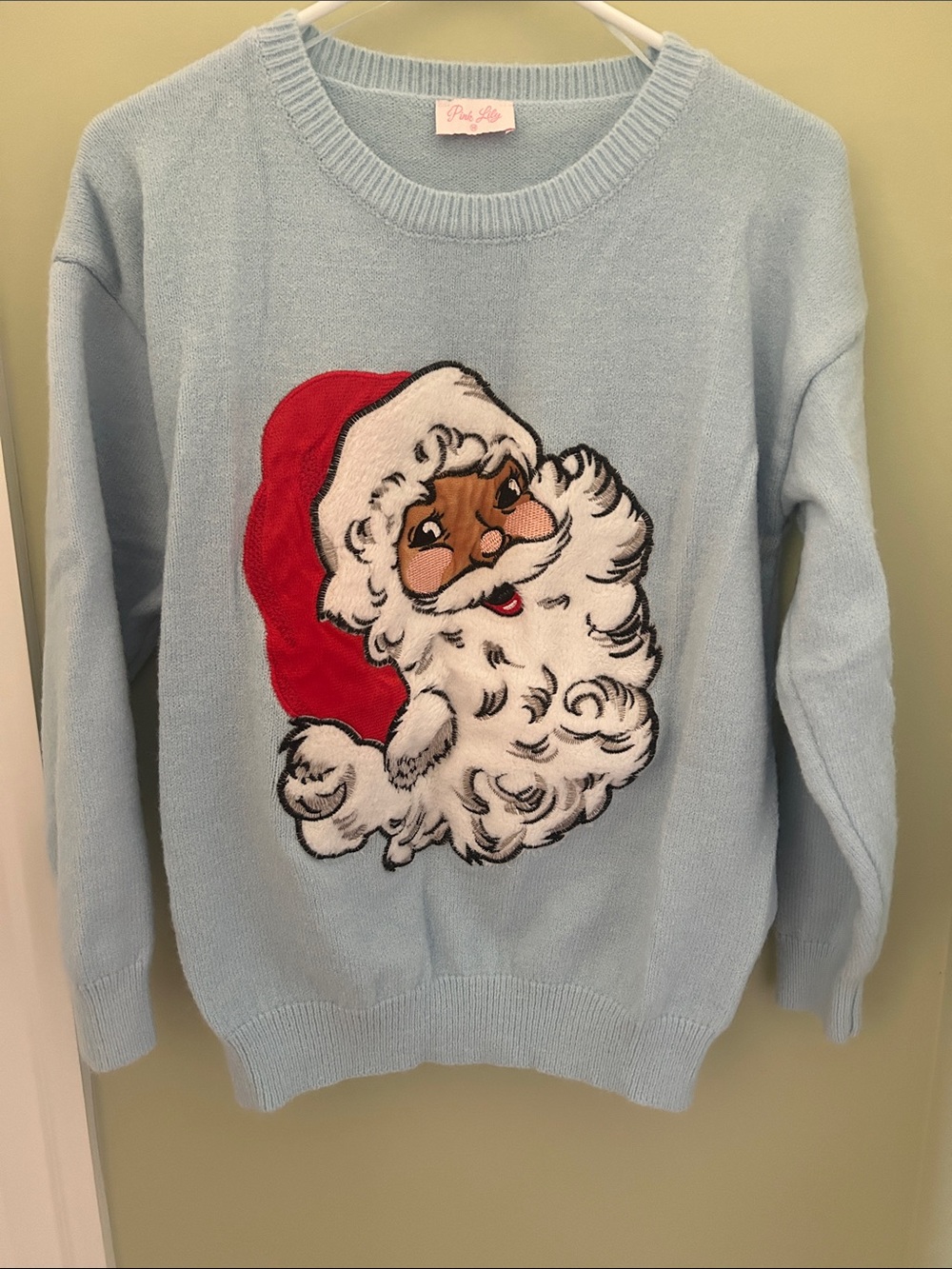 Pink Lily Light Blue Santa Crewneck Sweater with Red Accent